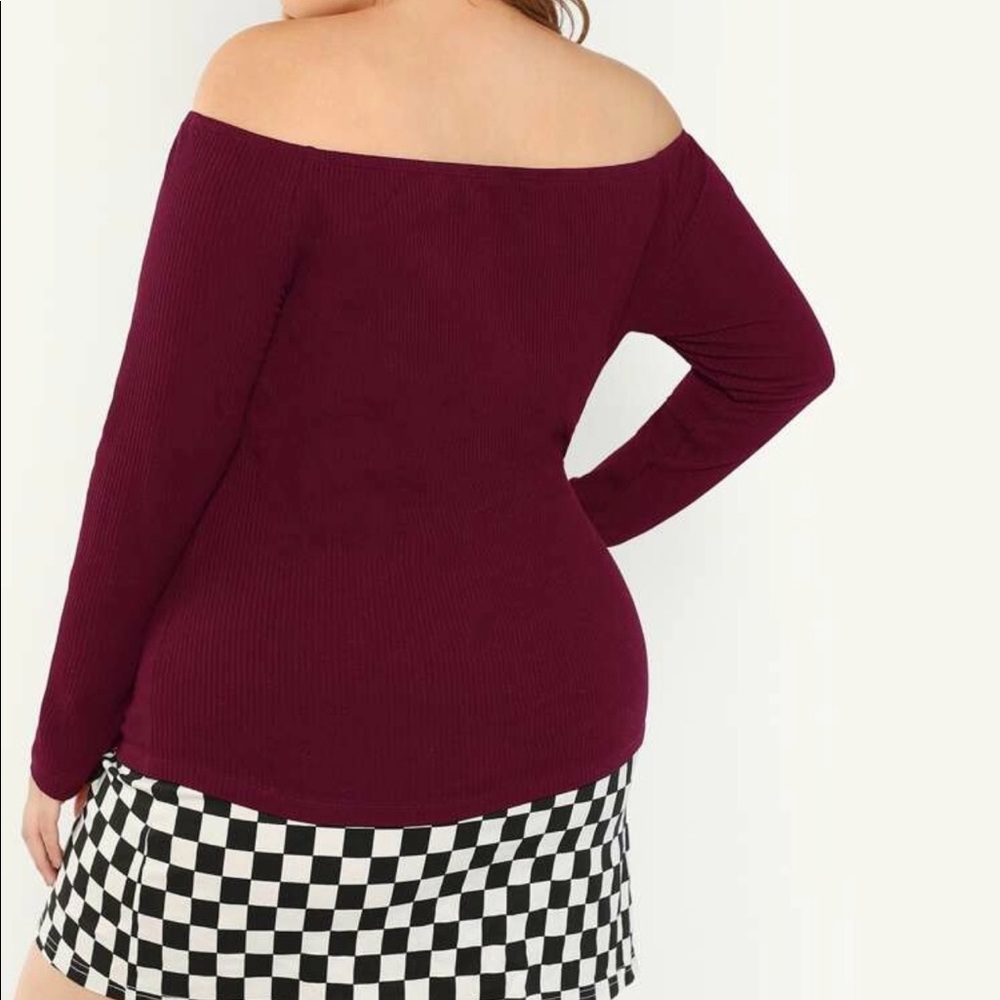 Plus Size Off the Shoulder Ribbed Top-Burgundy - Picture 2 of 6
